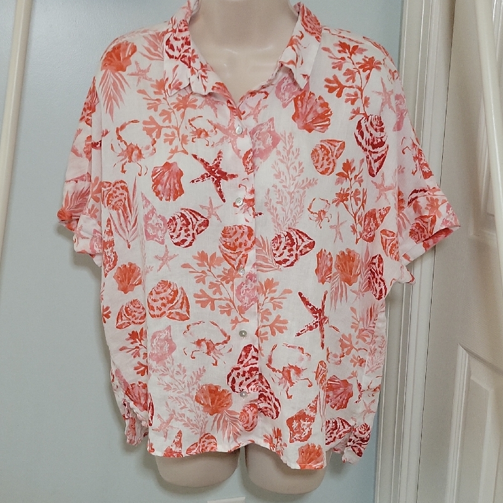C&C California Red and White Tropical Shell Print Linen Shirt Sz Medium